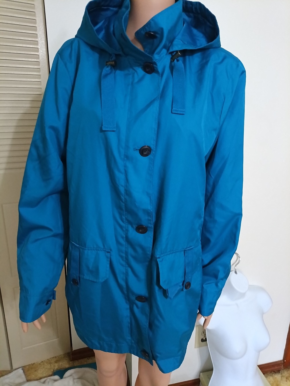 Lands' End Teal Hooded Trench Coat